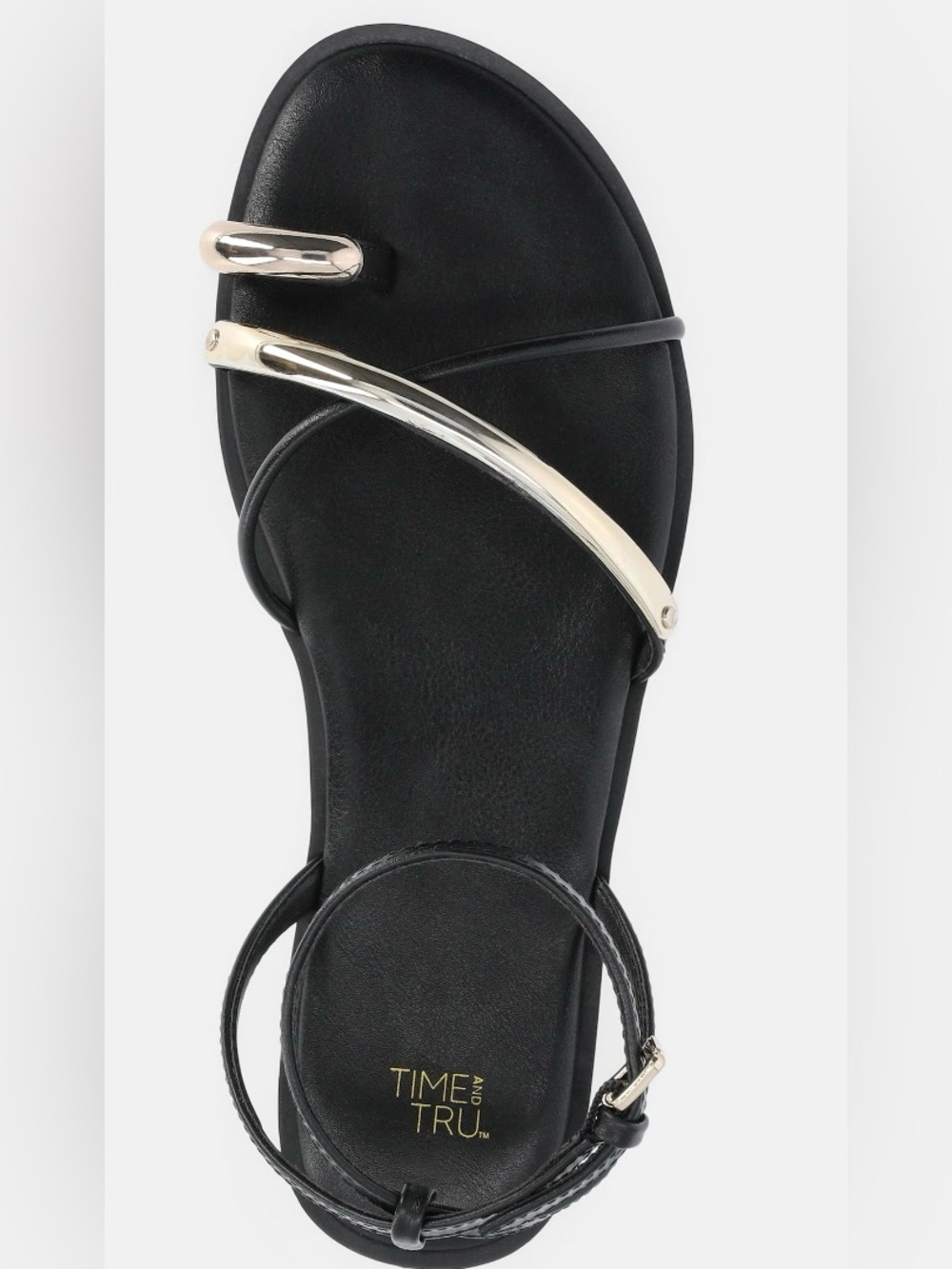 Time and Tru Black Sandals with Gold Accent Bars
